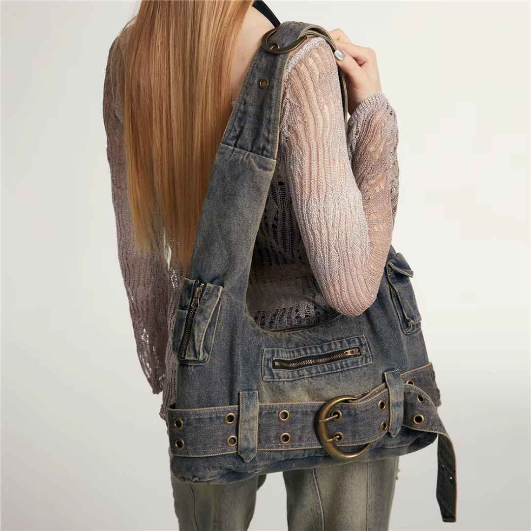 Crüde Denim Shoulder Tote Bag